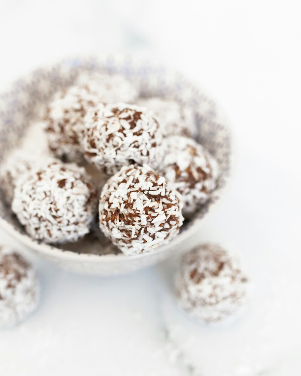 Chocolate Chip and Peanut Butter Protein Balls in a bowl