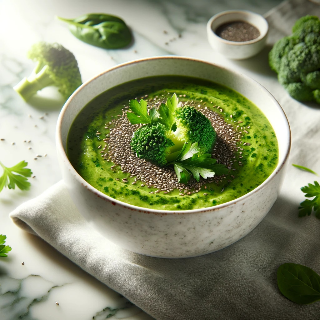 A bowl of Roasted Broccoli Soup with Brazil Nut Cream