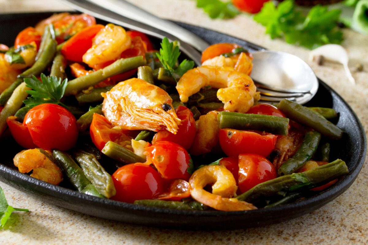 Sheet Pan Shrimp Puttanesca with Cherry Tomatoes, Chard and Asparagus